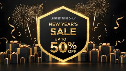 New years sale banner with gold gifts and fireworks in the background for limited time offers and up to fifty percent discount
