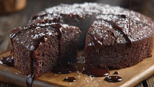 This mouthwatering close-up showcases a rich, dark chocolate cake, generously dusted with fine powdered sugar. Luscious chocolate syrup is being drizzled over the top and cascading down the sides, cre
