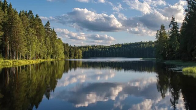 This stunning wide shot captures the serene beauty of a peaceful lake surrounded by lush green forest under a dynamic sky filled with fluffy white clouds. The calm, reflective surface of the water per