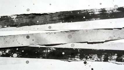 Abstract black and white striped pattern with torn paper texture and scattered dots