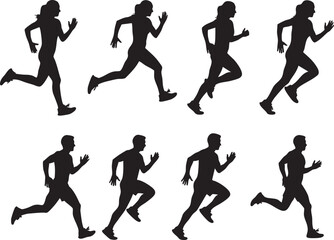 Set of Male and Female Runner Silhouettes in Different Running Poses and Sprinter Positions Isolated on White Background