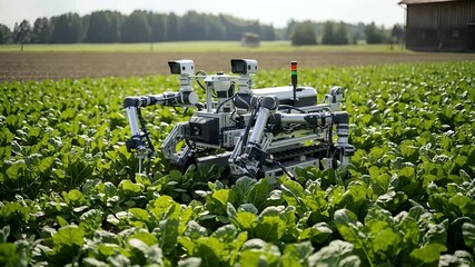 A sophisticated agricultural robot with multiple arms and sensors working in a lush green field of crops under a bright sky.