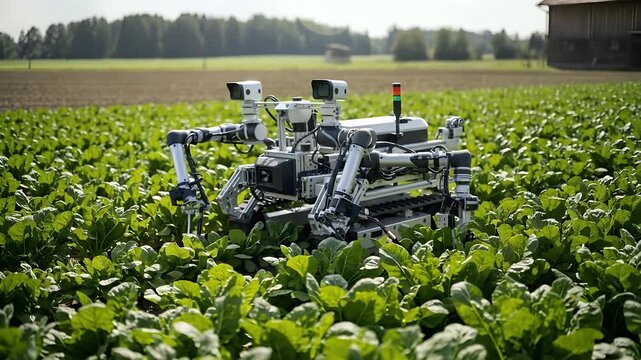 A sophisticated agricultural robot with multiple arms and sensors working in a lush green field of crops under a bright sky.