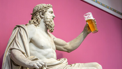 Statue of a mythological figure holding a beer in a gallery with pink walls during daytime light