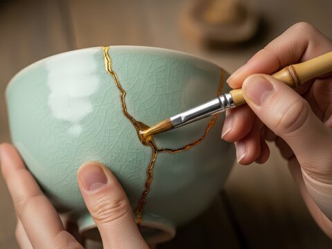 Restoring a broken ceramic bowl with kintsugi technique