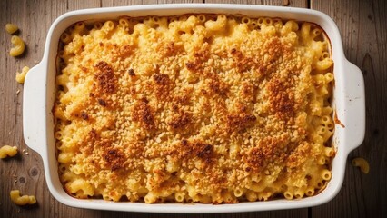 Cheese lover day food Classic baked macaroni and cheese casserole with crispy breadcrumb topping in white dish | Cheese, lover, day, food, festival.
