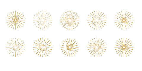 Modern festive golden fireworks set with stars and sparks isolated on white background, icons vector illustration for Christmas, Happy New year, Holiday, Anniversary, Party, Diwali, Celebration BG