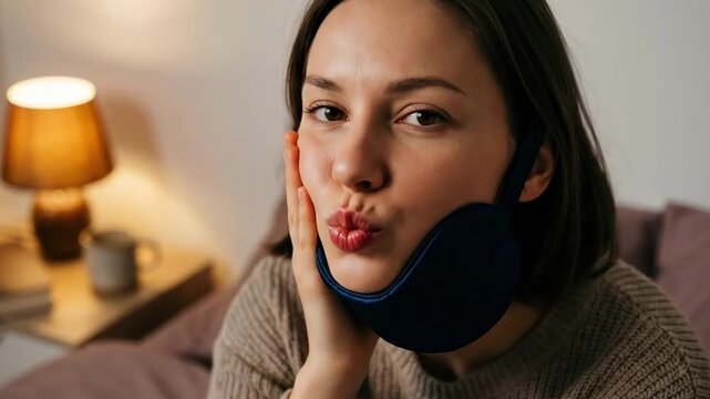 kiss face. A young woman in a cozy bedroom setting uses a chin strap while making a playful expression, surrounded by soft lighting and casual decor