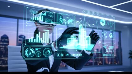 Woman using virtual reality headset to design a building in a futuristic office. - Powered by Adobe