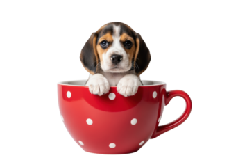 extremely cute 8-week-old beagle puppy with glossy tri-color fur nestled inside a crimson polka-dot teacup on a high-key white background, concept for commercial pet advertising