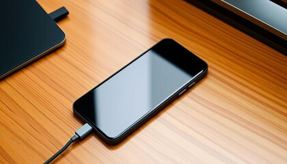 Sleek black smartphone on wooden desk, charging cable nearby,  elegant,  table