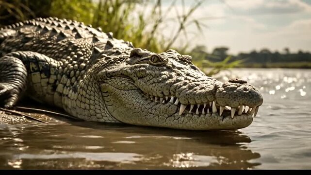 Close-up of a large crocodile resting on the muddy riverbank in its natural habitat.