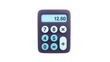 3D Cartoon Calculator with 12.50 Display on transparent background