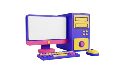 3D Cartoon Computer Set with Monitor Keyboard and Mouse on transparent background