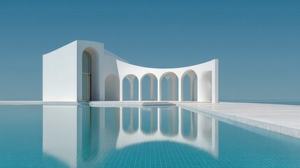 minimalist pavilion with curved roof and columns  modern architecture scene featuring reflective surface and clear blue sky