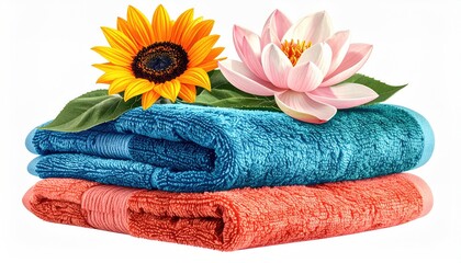 Stacked soft towels adorned with a sunflower and lotus flower