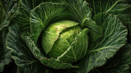 Obraz premium a vibrant green cabbage rests at the center of rich green leaves showcasing its freshness and healthy growth in a thriving garden setting