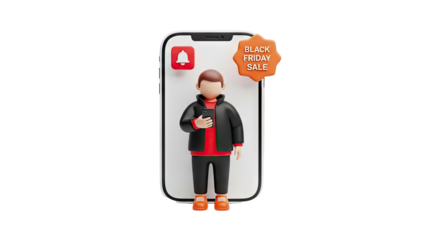 3D Character on Smartphone with Black Friday Sale Alert on transparent background