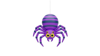 3D Cute cartoon purple spider with stripes hanging on thread on transparent background