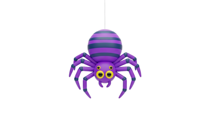 3D Cute cartoon purple spider with stripes hanging on thread on transparent background