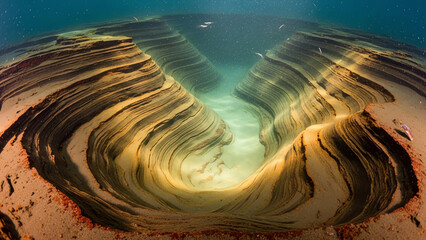 Underwater Canyon with Layered Rock Formations