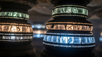 Stacked Glass Rings on Carved Posts
