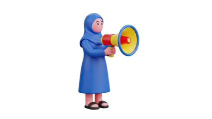 3D Muslim Woman in Hijab Holding a Megaphone on transparent background