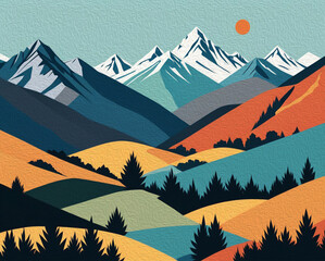 Mountain landscape . Pattern to print for wall decorations. Oil painting .