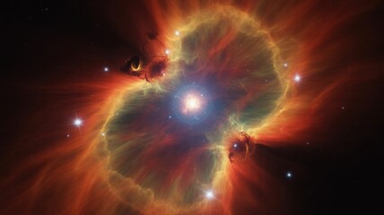 A vibrant nebula shines brightly in the dark space with intense colors and radiant light