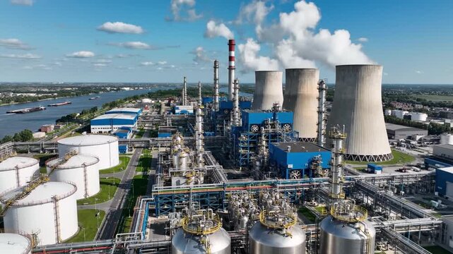 Aerial drone view of a fluoropolymers production facility in Dordrecht The Netherlands showing chemical plant infrastructure industrial manufacturing site and refinery tanks in 4K resolution