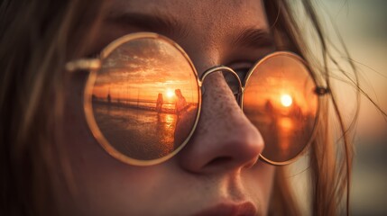 sunset cycle friends selfie reflected in womans glasses