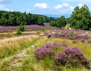 A vibrant scenic vista showcasing a field of purple heather. A dirt path winds through the colorful flowers towards a distant tree line and mountains