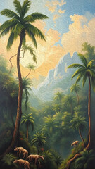 Artistic brush strokes. Jungle landscape for printing on wall decorations. Oil painting