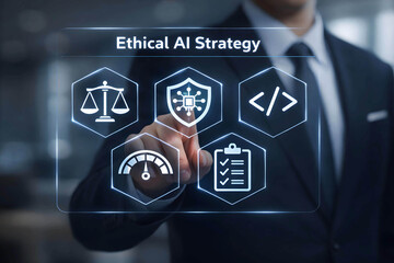 Businessman touches screen displaying ethical AI strategy icons