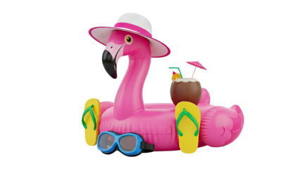 3D Pink Flamingo Pool Float with Summer Accessories on transparent background