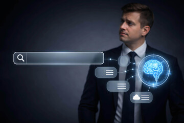Man contemplates digital brain icon connected to search bar