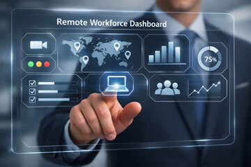 Man interacts with remote workforce dashboard on futuristic screen
