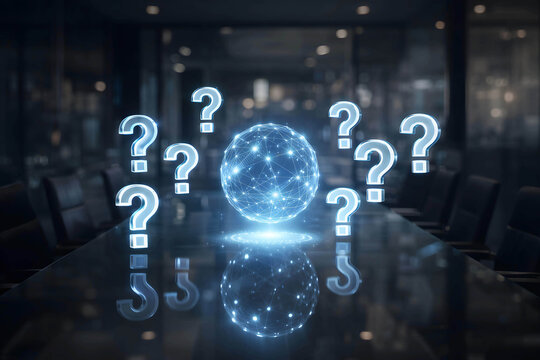 Glowing globe surrounded by question marks on conference table - Powered by Adobe
