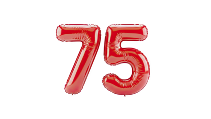 3D Red Number 75 Balloons on transparent background