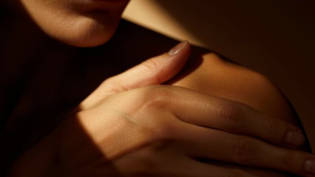 At sunset, a person gently caresses their shoulder in a warm and calming atmosphere, showcasing the beauty of skin illuminated by soft light