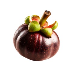 A fresh mangosteen fruit with glossy dark purple skin and green calyx, highlighting its natural texture and tropical freshness.