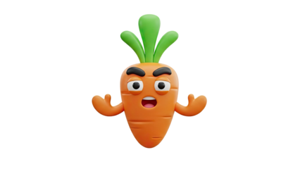 3D Shocked 3D Cartoon Carrot Character with Arms Out on transparent background