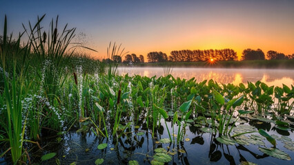 Serene sunrise over a misty lake with lush green reeds and water plants tranquil natural landscape for peaceful backgrounds
