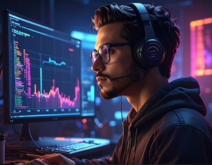 Man with glasses working on a computer showing charts and data