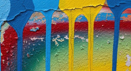 Vibrant drips of color cascading down a weathered and textured wall