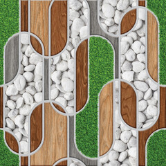 a very natural combination of rocks, wood and grass