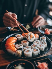 top view of man eating sushi roll with chopsticks at restaurant close up of hand holding chopstick to eat japanese food high angle view of young businessman eating sushi served on a black plate no lo