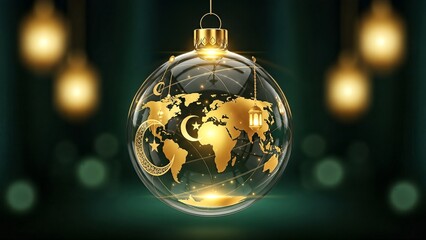 Golden World Map Ramadan Ornament Hanging Decoration.