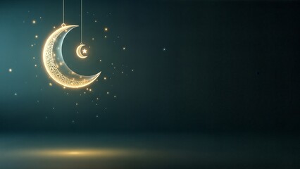 Golden crescent moon hanging in the dark night sky with stars.