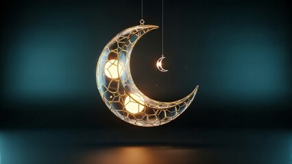 Crescent Moon Lantern Hanging in Dark Blue Background.